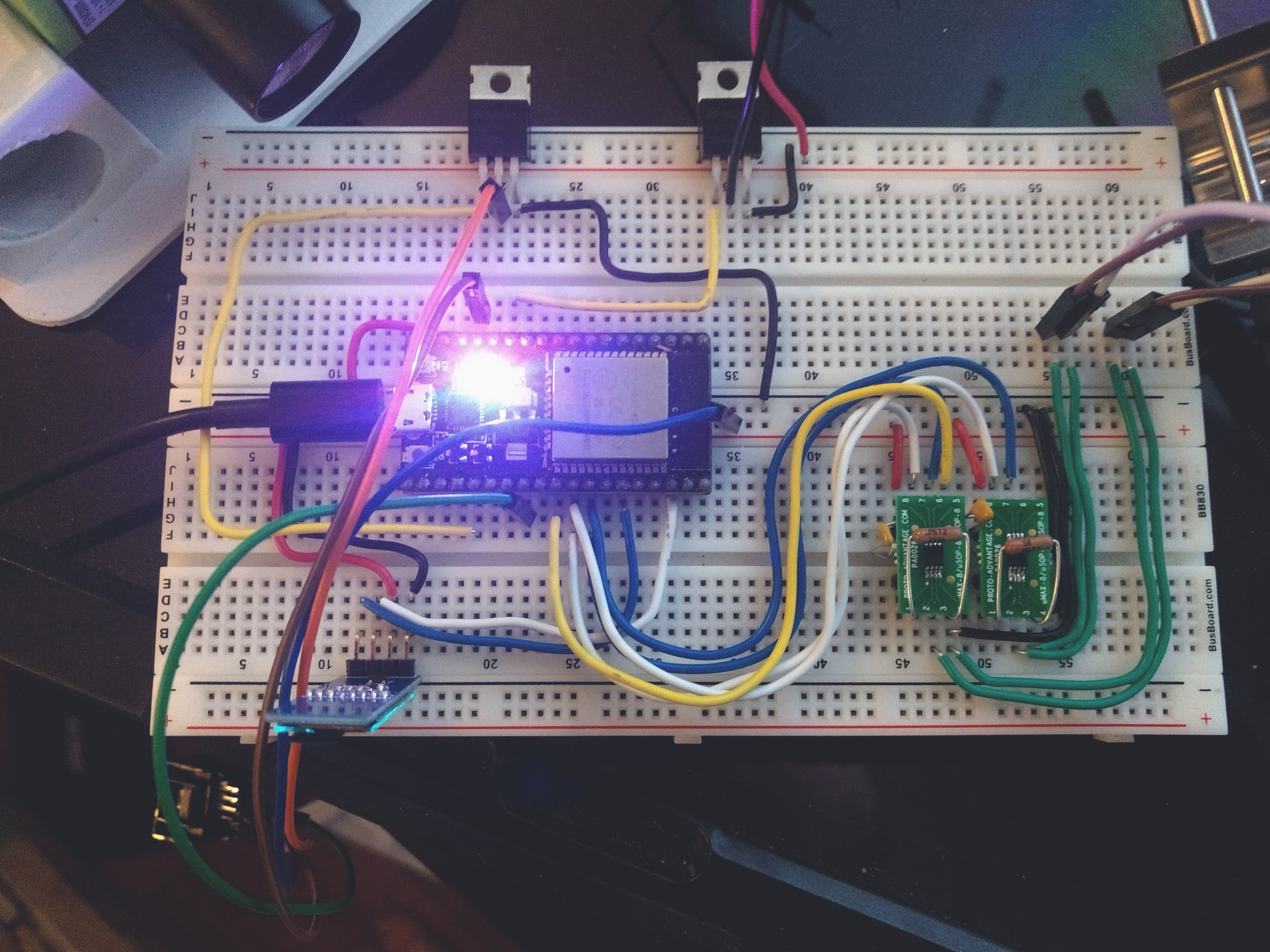 a breadboard with components and wires stuck in it