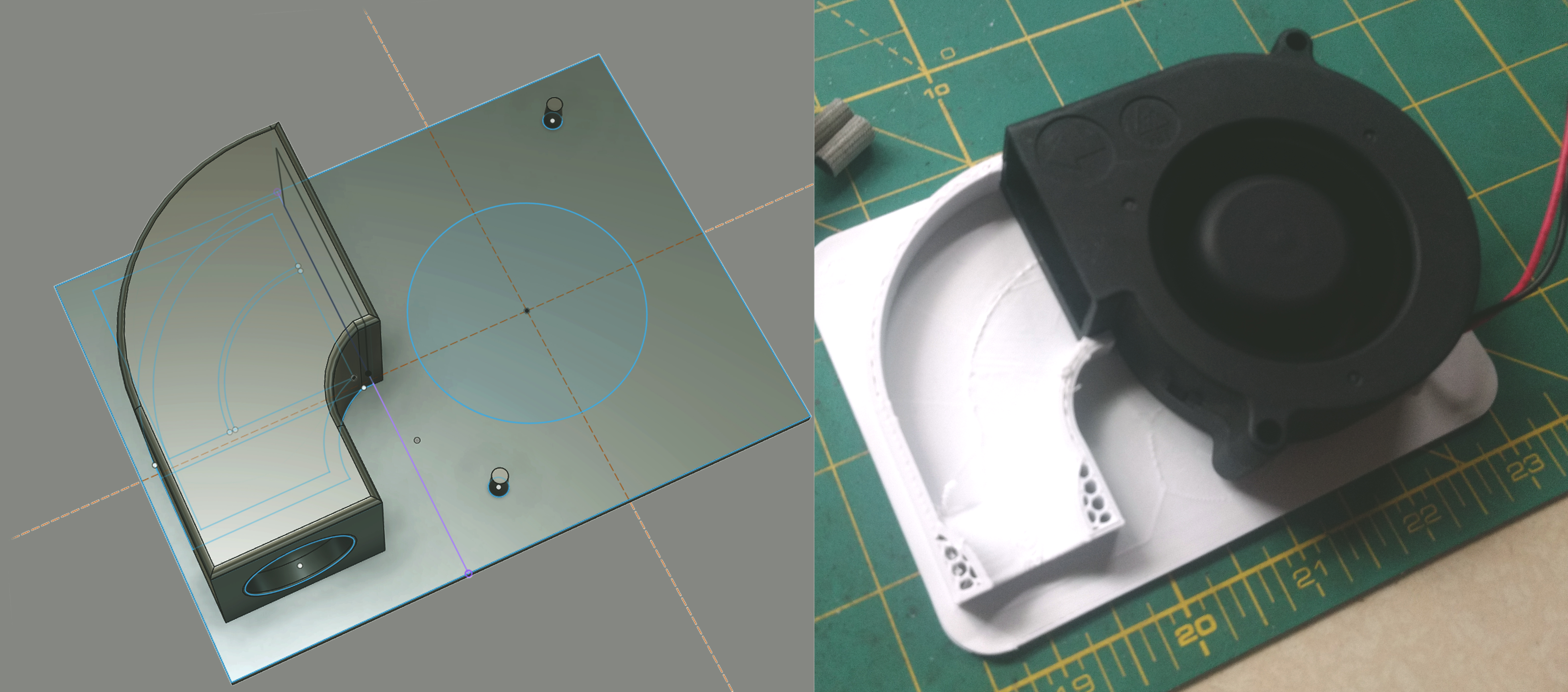 on the left a 3d CAD model of a manifold piece, on the right a picture of a partial print of that same manifold with a blower fan mounted on it
